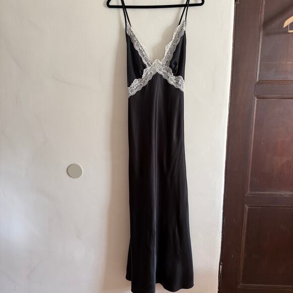 SINCERELY JULES Black Satin bias cut Maxi Dress white lace trim V Neck XL - Picture 2 of 10